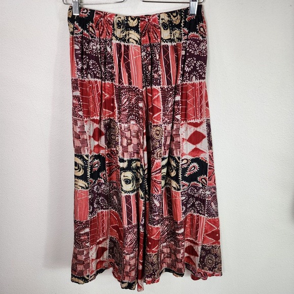 Anna Gray Women's Red Burgundy 100% Silk Aztec Boho Midi Skirt Size Small S - Picture 3 of 4